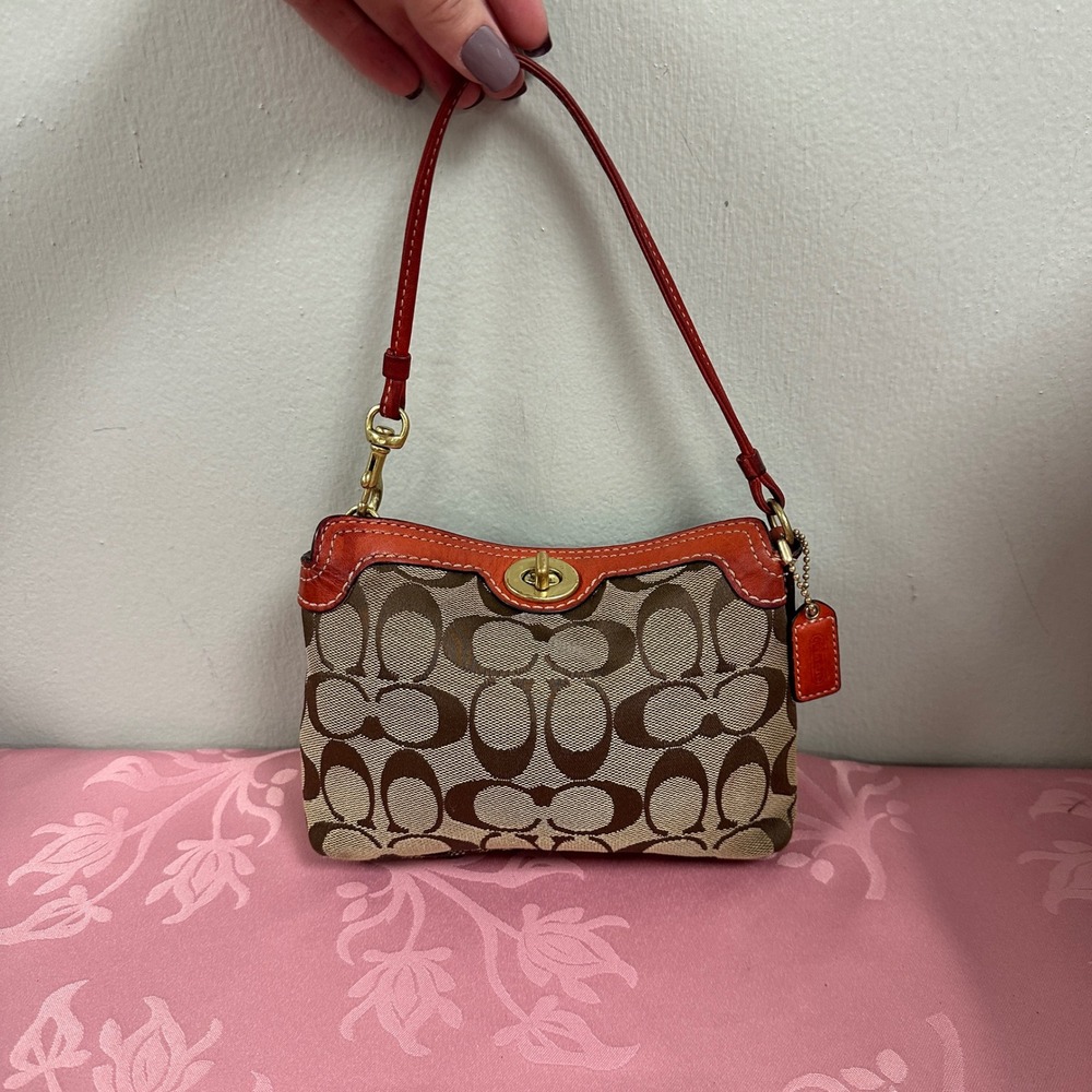 Coach Signature Jacquard Small Shoulder Bag Wristlet Orange Leather Trim Brown